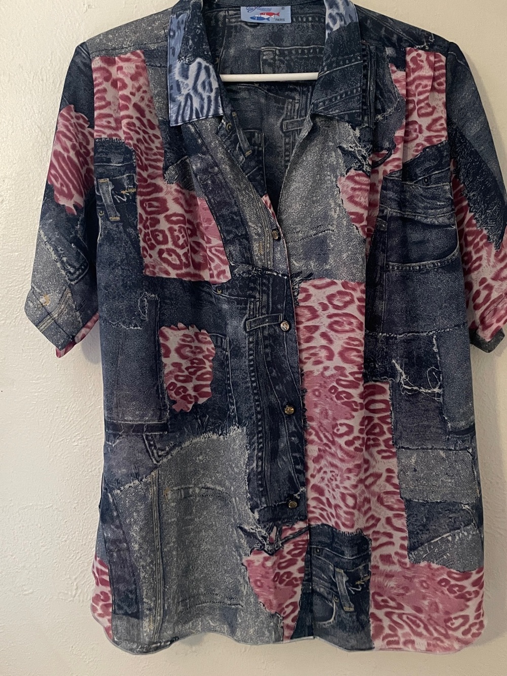 Vintage Les 3 Poissons Paris Blue Faux Denim Animal Print Patchwork Blouse XL